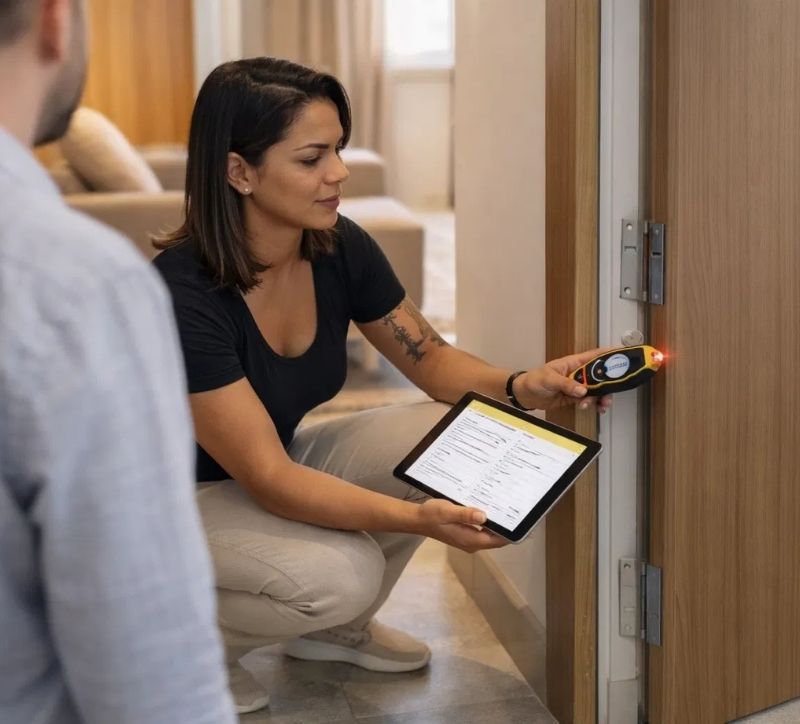 Comparação visual entre uma pessoa leiga olhando a estética de um imóvel e um profissional com ferramentas inspecionando detalhes técnicos.